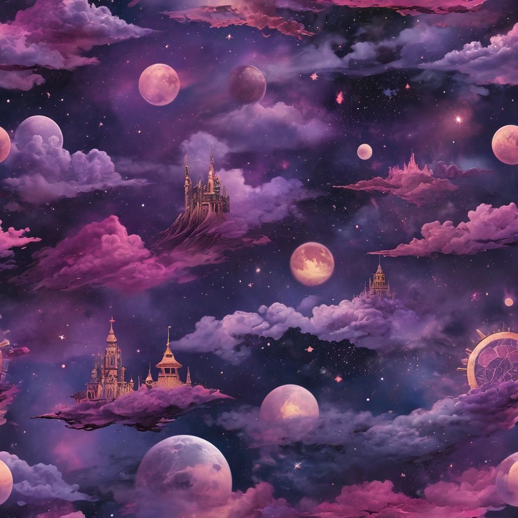 Cosmic skies over a fantasy world with violet-and-magenta sk...