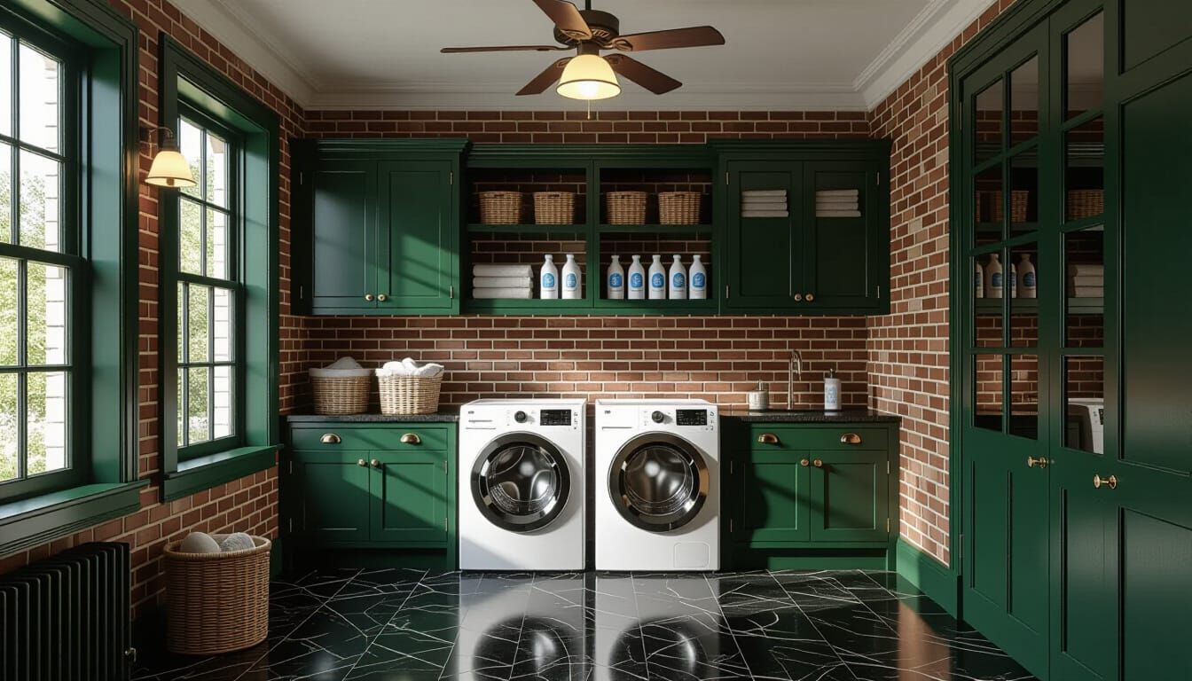 Victorian Laundry Room with Glass Wall and Dark Green Cabine...