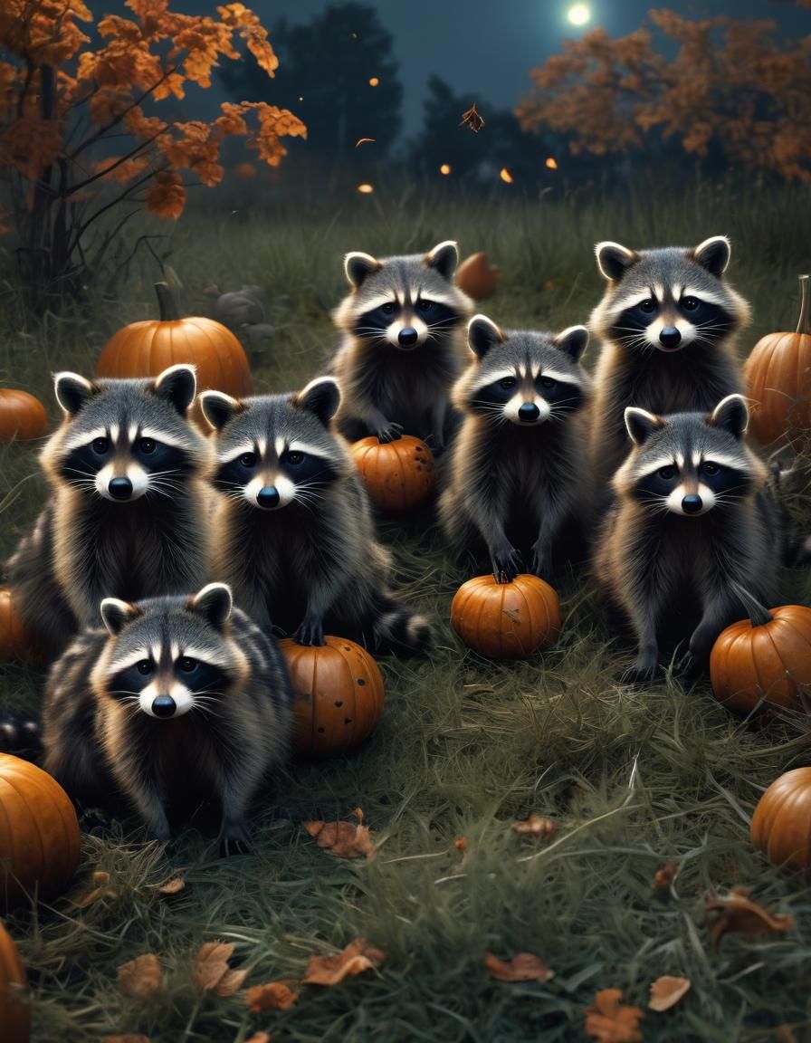 Raccoons in Pumpkin Field: Diamond Painting Style