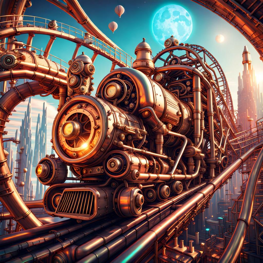 a roller coaster theme park of interesting design, steampunk engine8k resolution holographic astral cosmic illustration ...