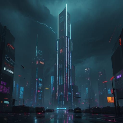 Futuristic Cityscape at Night with Flying Cars