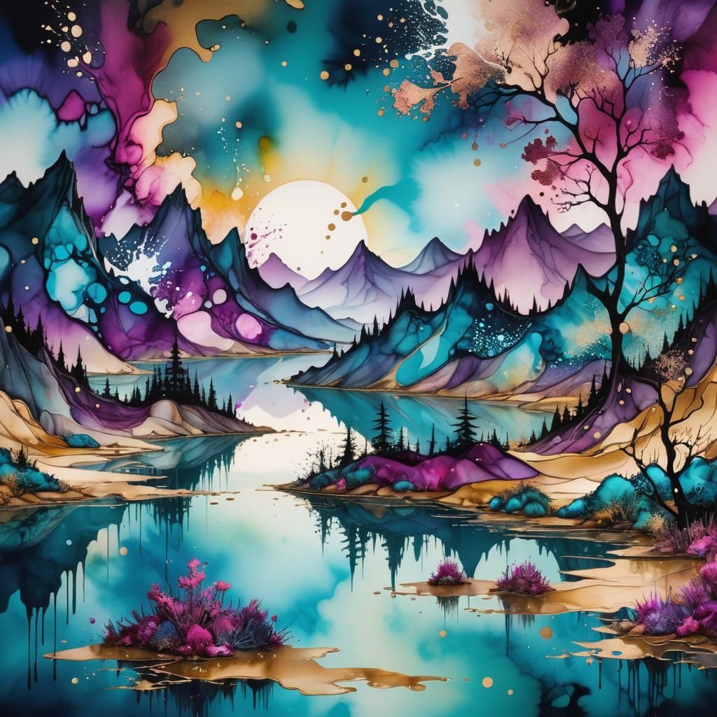 Surreal Shimmery Lake Landscape in Alcohol Ink Style