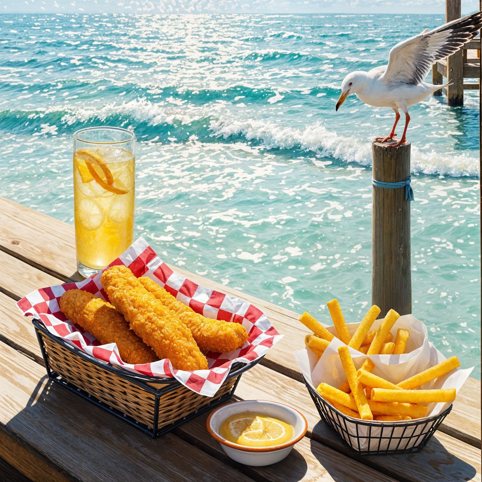 A basket of golden fish fingers resting on red-and-white che...
