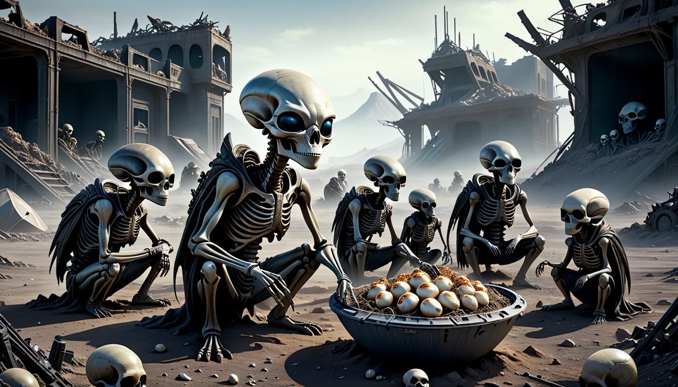 Alien Creatures' Bone Nests in Dystopian Landscape
