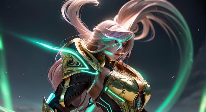 Iridescent Warrior Woman in Dimly Lit Environment