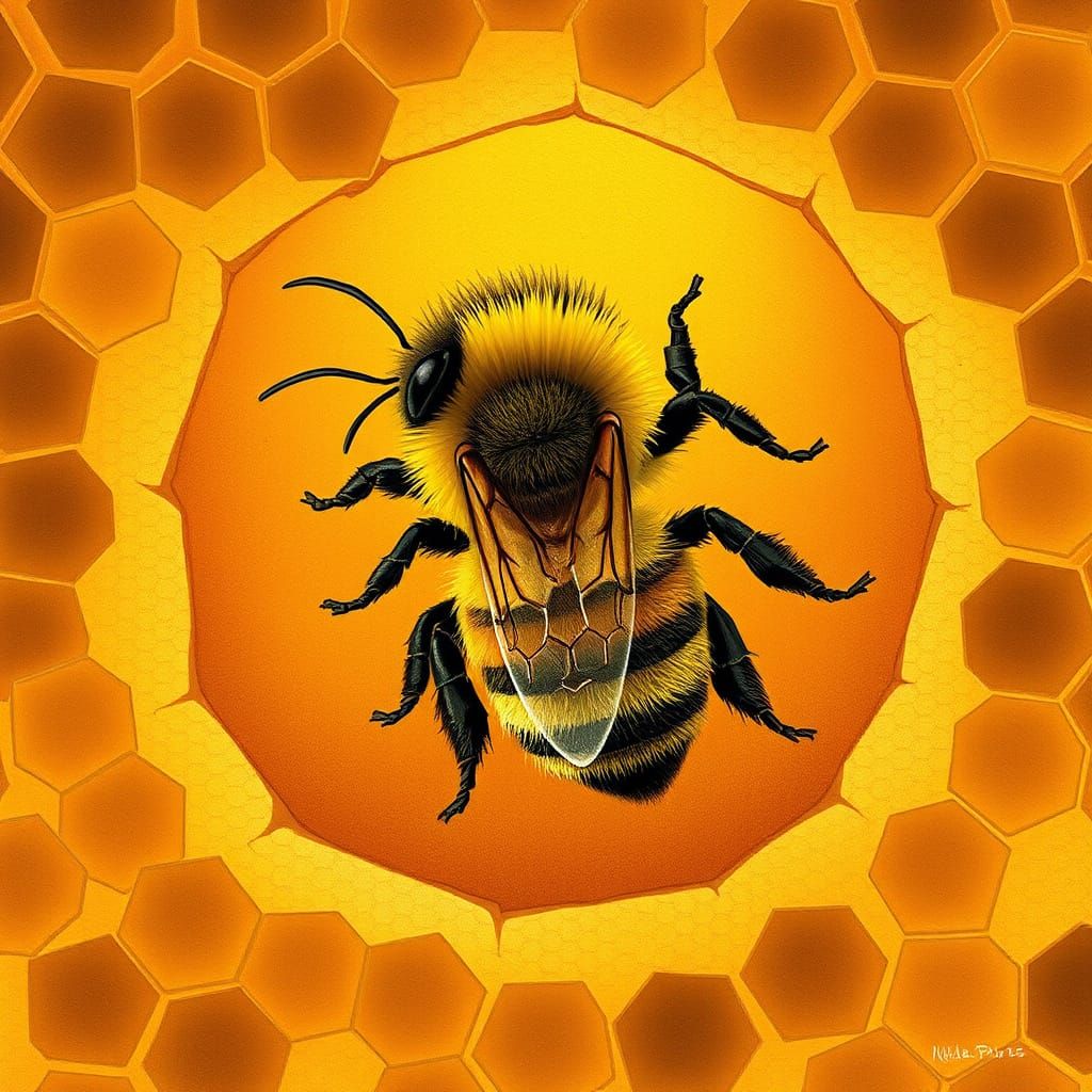 Whimsical Bee in Golden Honeycomb
