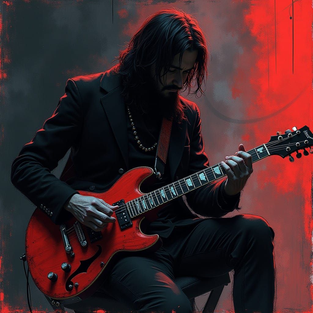 Moody Guitarist in Ink Wash Style of German Expressionism