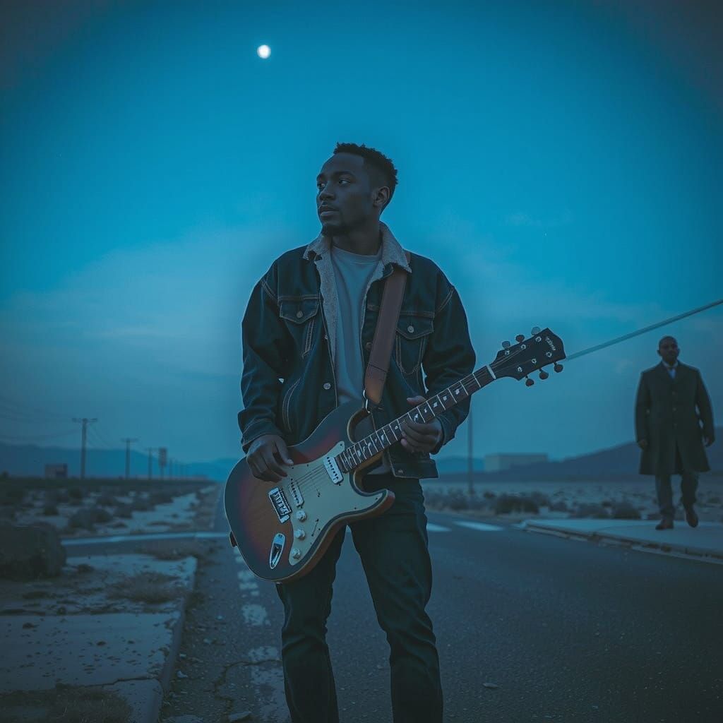 Guitarist at Dark Crossroads in Film Noir Style