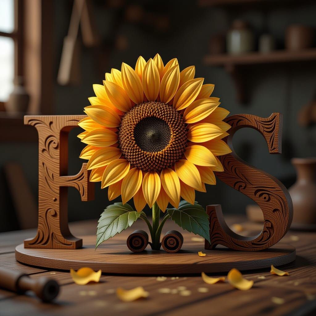 Intricate Wood Carving: Sunflower with F and S Letters