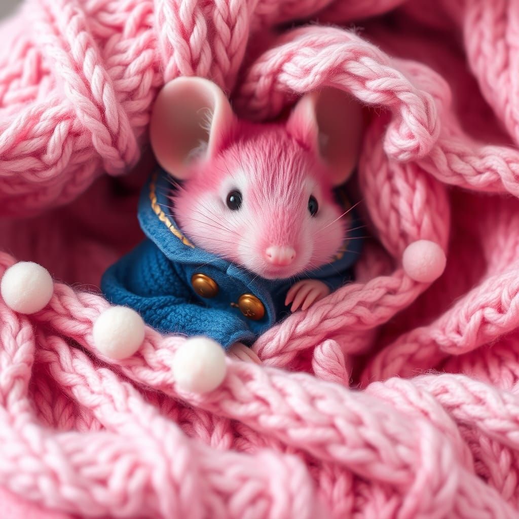 Pink Mouse in Blue Jacket Snuggles in Blanket