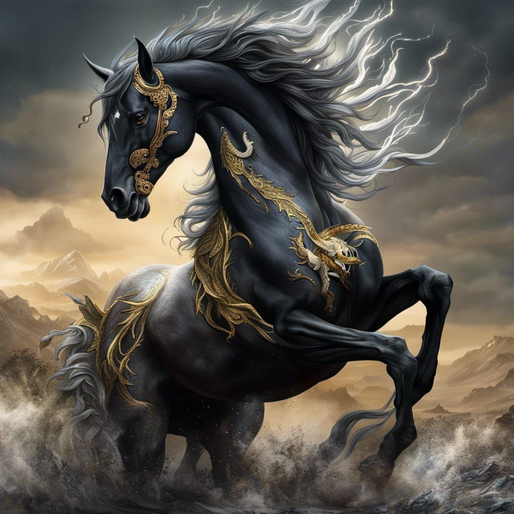 Majestic Black Horse and Dragon Fantasy Art
