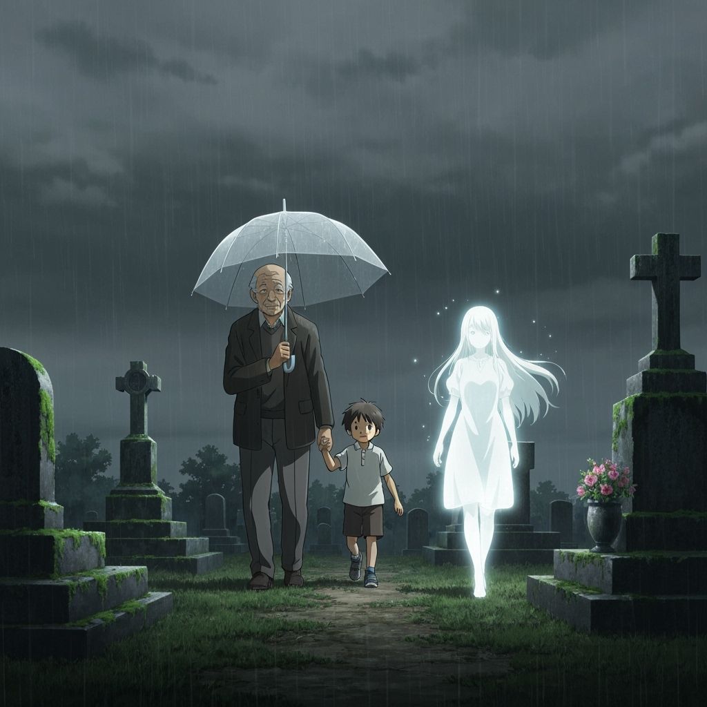 Melancholic Cemetery Scene: Man, Boy, and Ghostly Girl