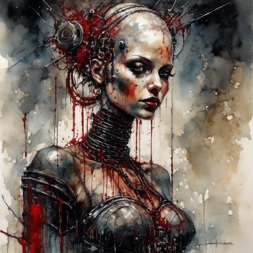 Undead Cyborg in Dystopian Wasteland Watercolor