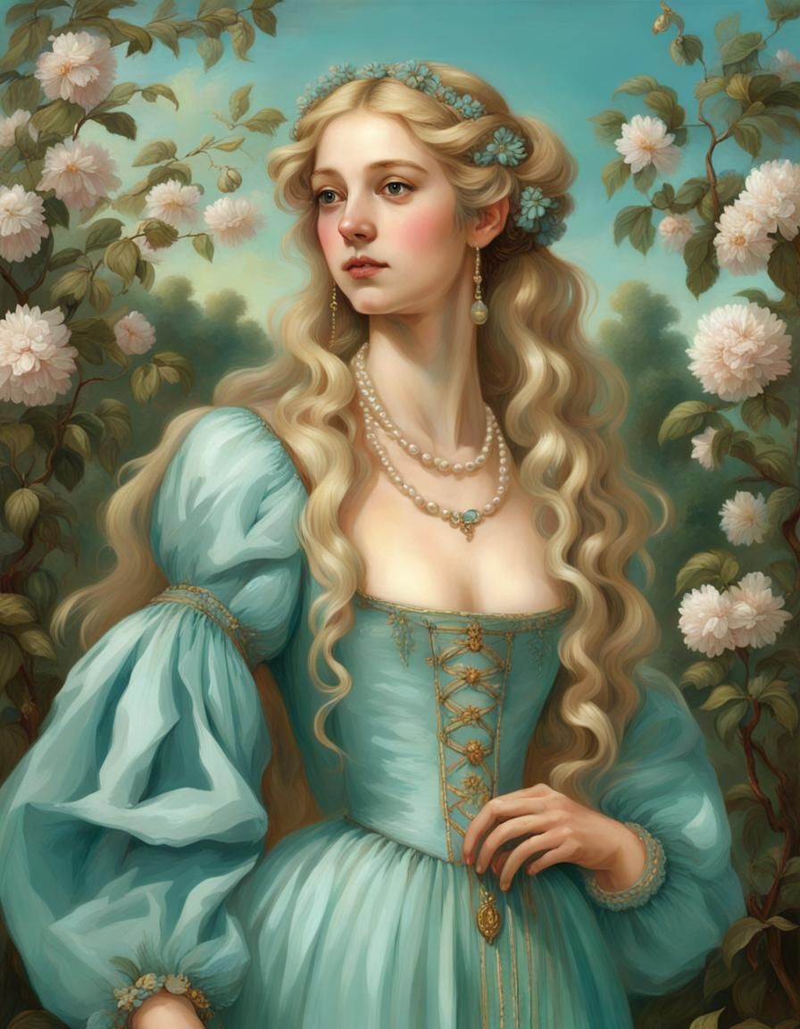 Renaissance Girl with Golden Hair in Cherry Garden