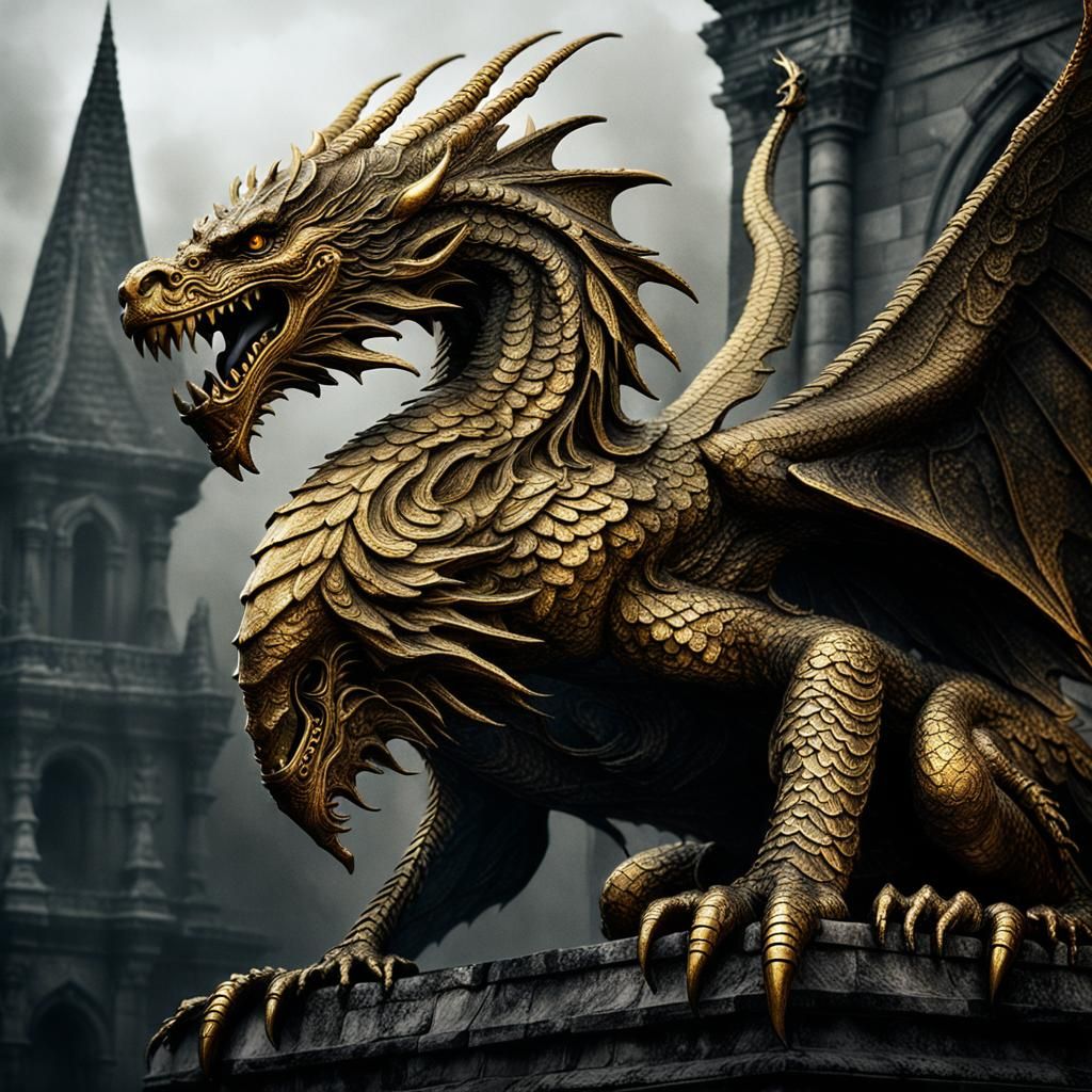 Golden Wyvern Sculpture in Dark Fantasy Style