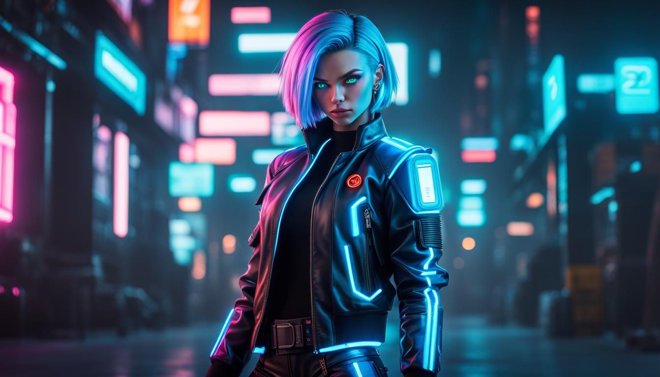 Neon Cyborg Girl in Cyberpunk Style