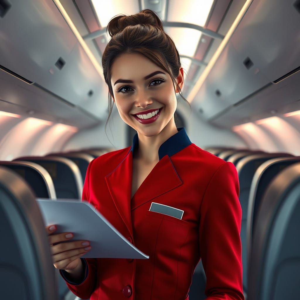 Sophisticated Flight Attendant in Red and Blue Uniform