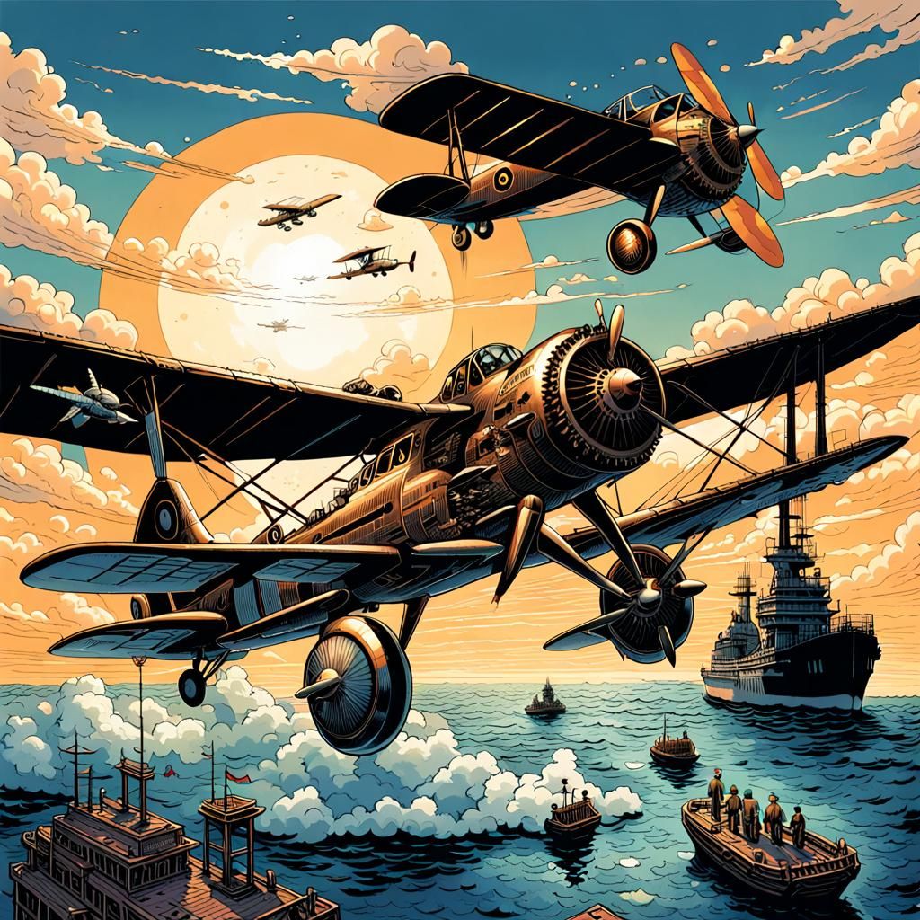 A Steampunk Biplane dive bombing a Japanese Aircraft Carrier...