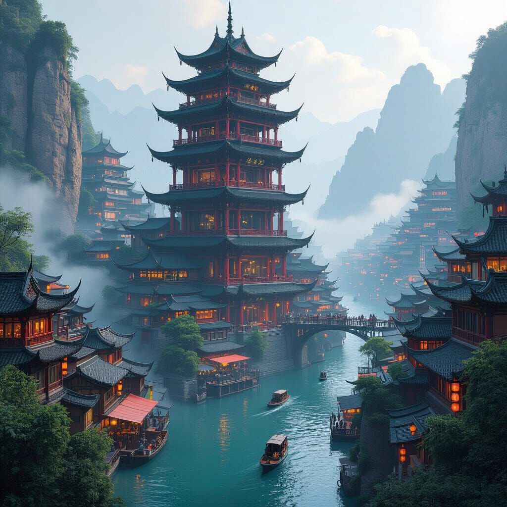 Mountain Metropolis with Chinese Architecture and Neon Accen...