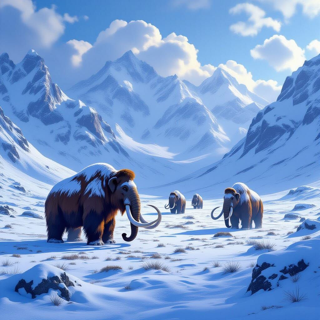 Woolly Mammoths Graze in Snowy Valley: Photorealistic Detail
