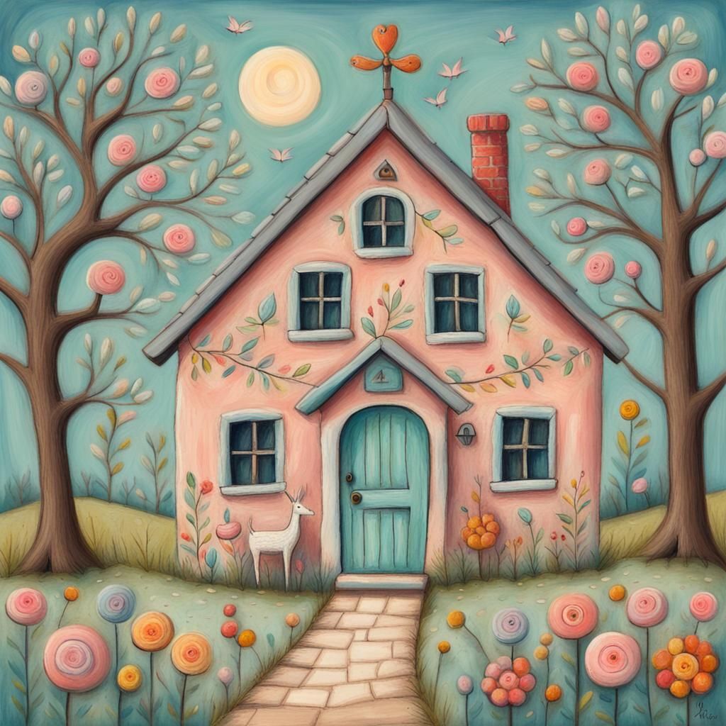 Whimsical Folk Art Illustration in Pastel Impasto