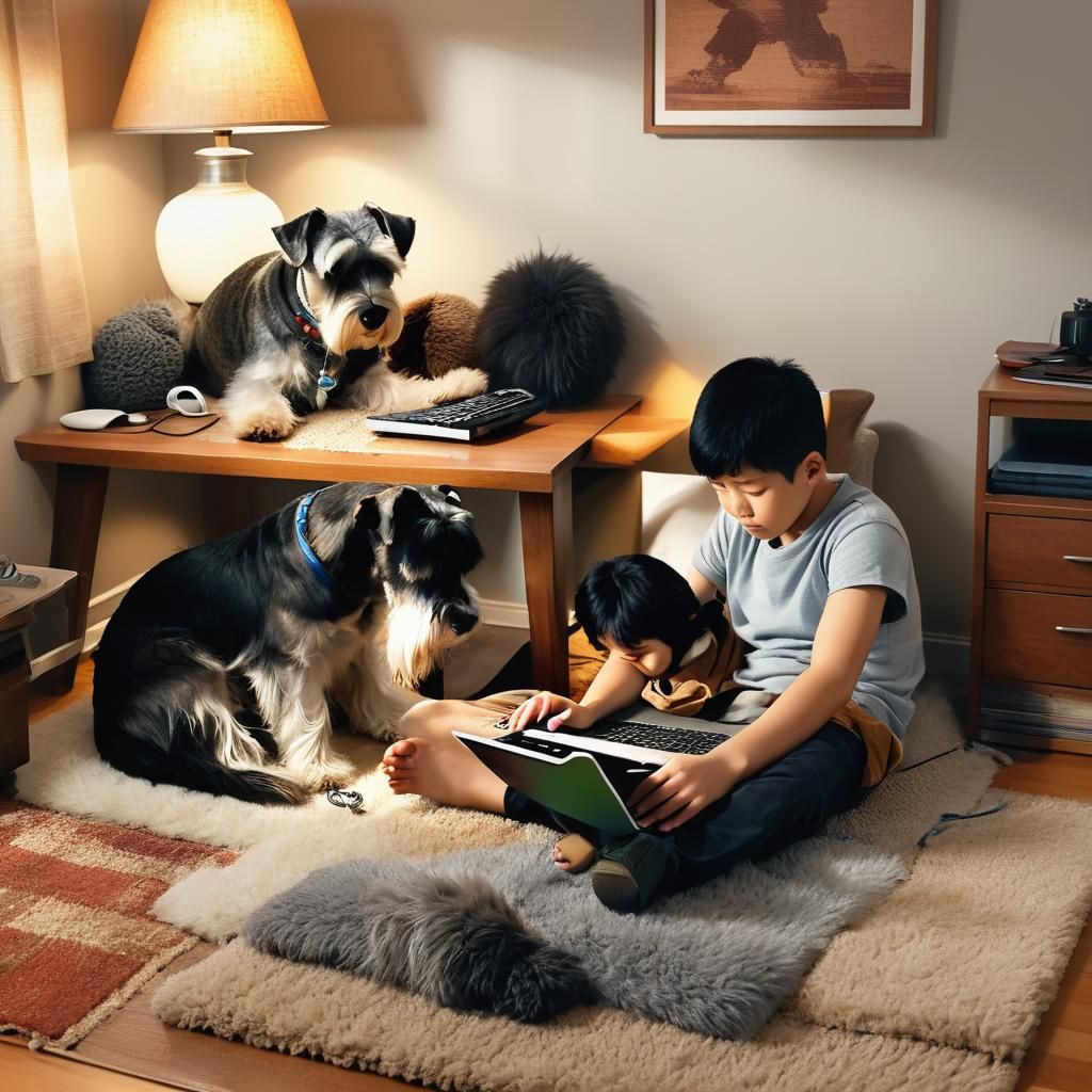 Cozy Home Office Scene with Boy and Schnauzer