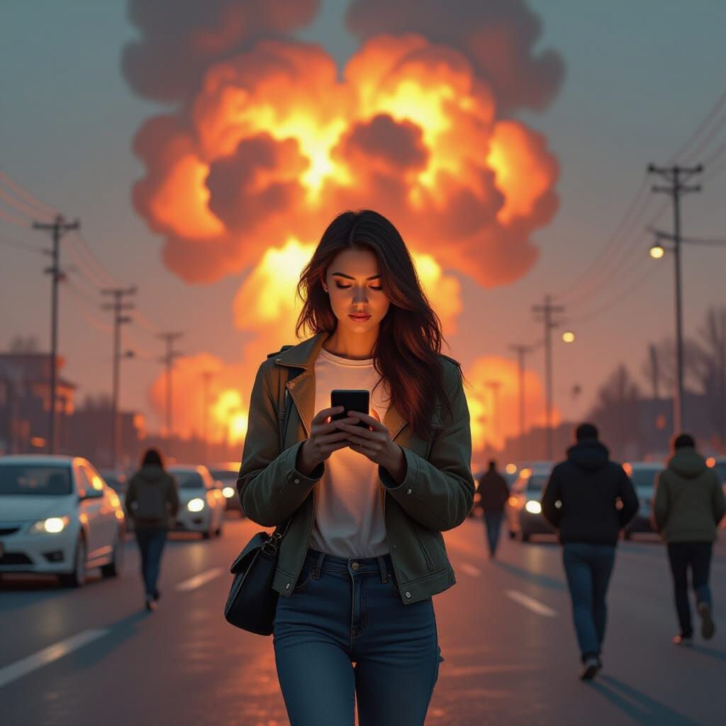 Woman Walks Past Nuclear Explosion in Dystopian Future