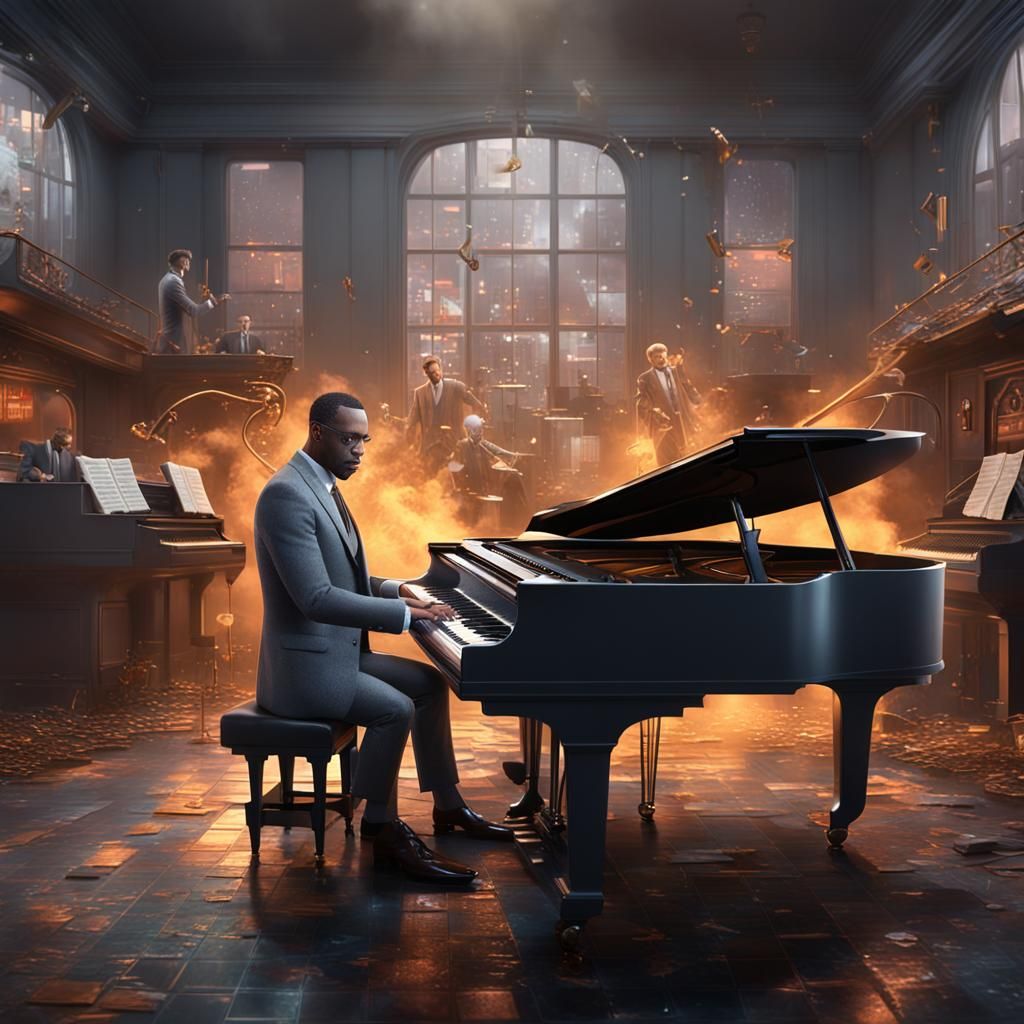 Jazz Pianist in Smoky Cafe: Detailed Matte Painting
