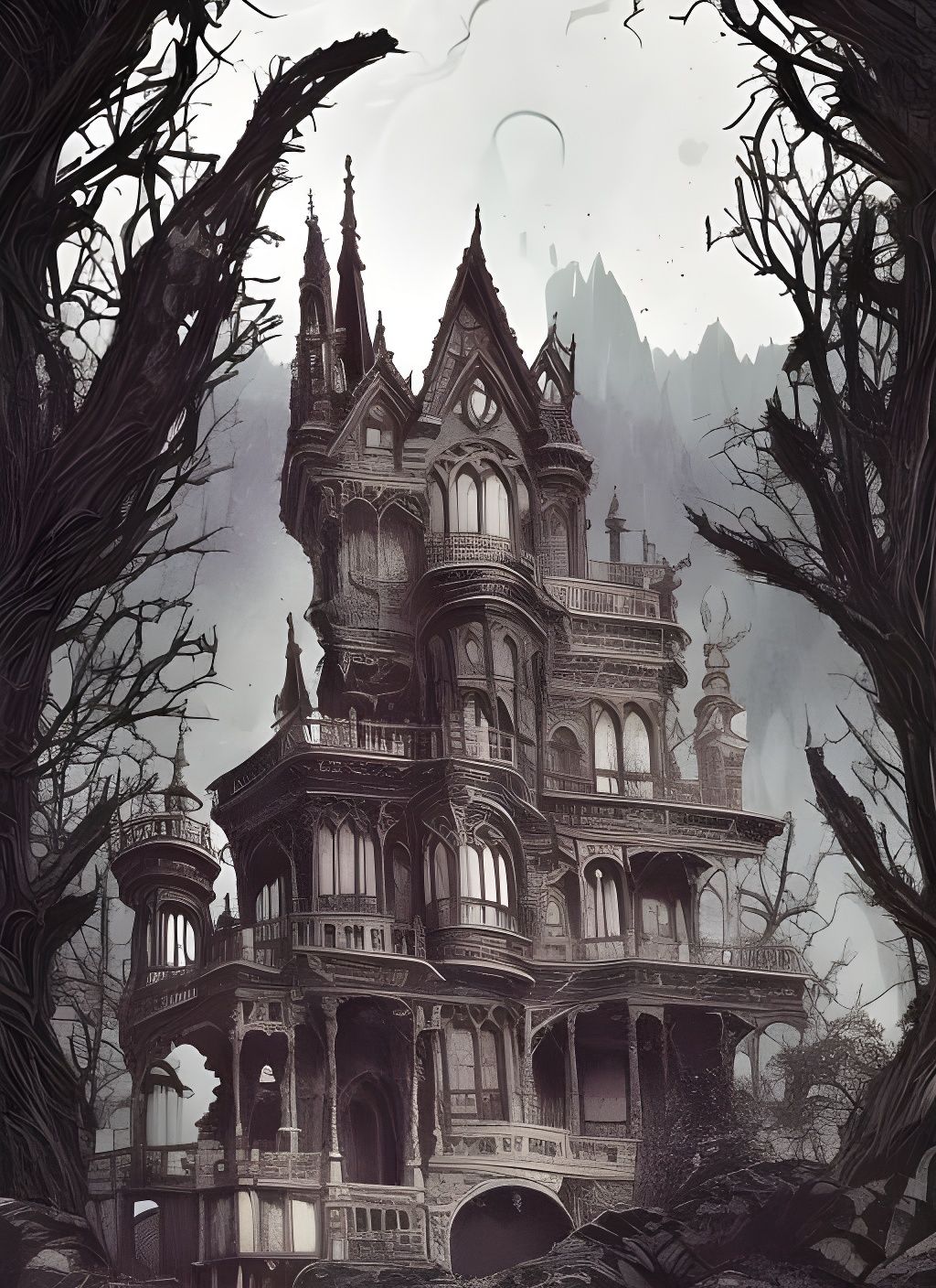 Gothic Mansion on Haunted Hill: Watercolor Art
