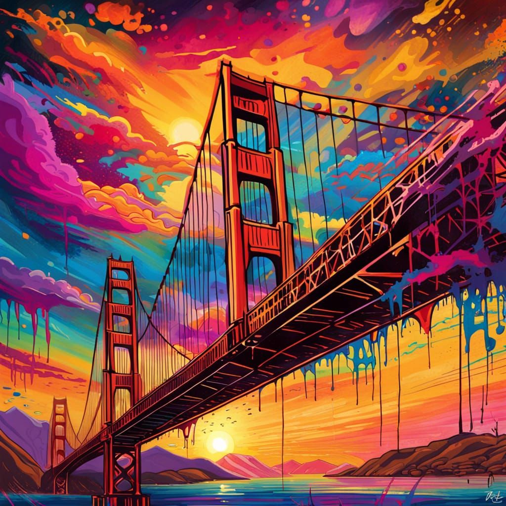 Golden Gate Bridge Sunset in Graffiti Art Style