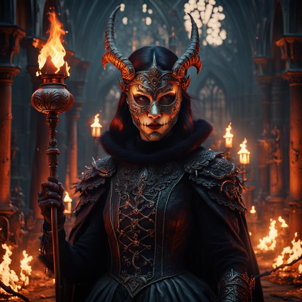 Gothic Hunter with Fiery Eyes in Medieval Scene