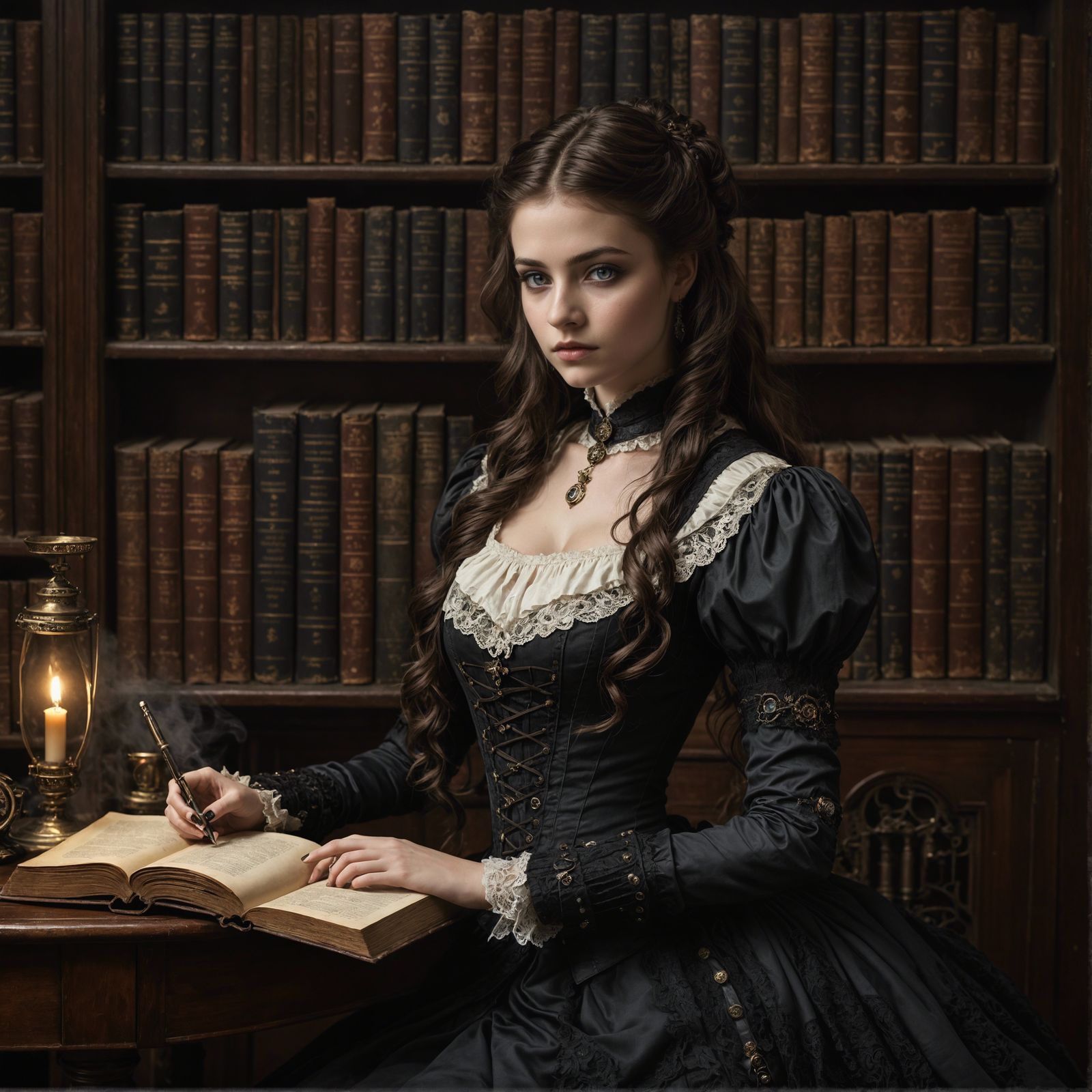 Steampunk Scholar in Victorian Library, Detailed Matte Paint...