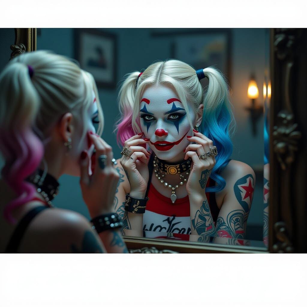 Harley Quinn Applying Tribal Makeup in Surreal Digital Art