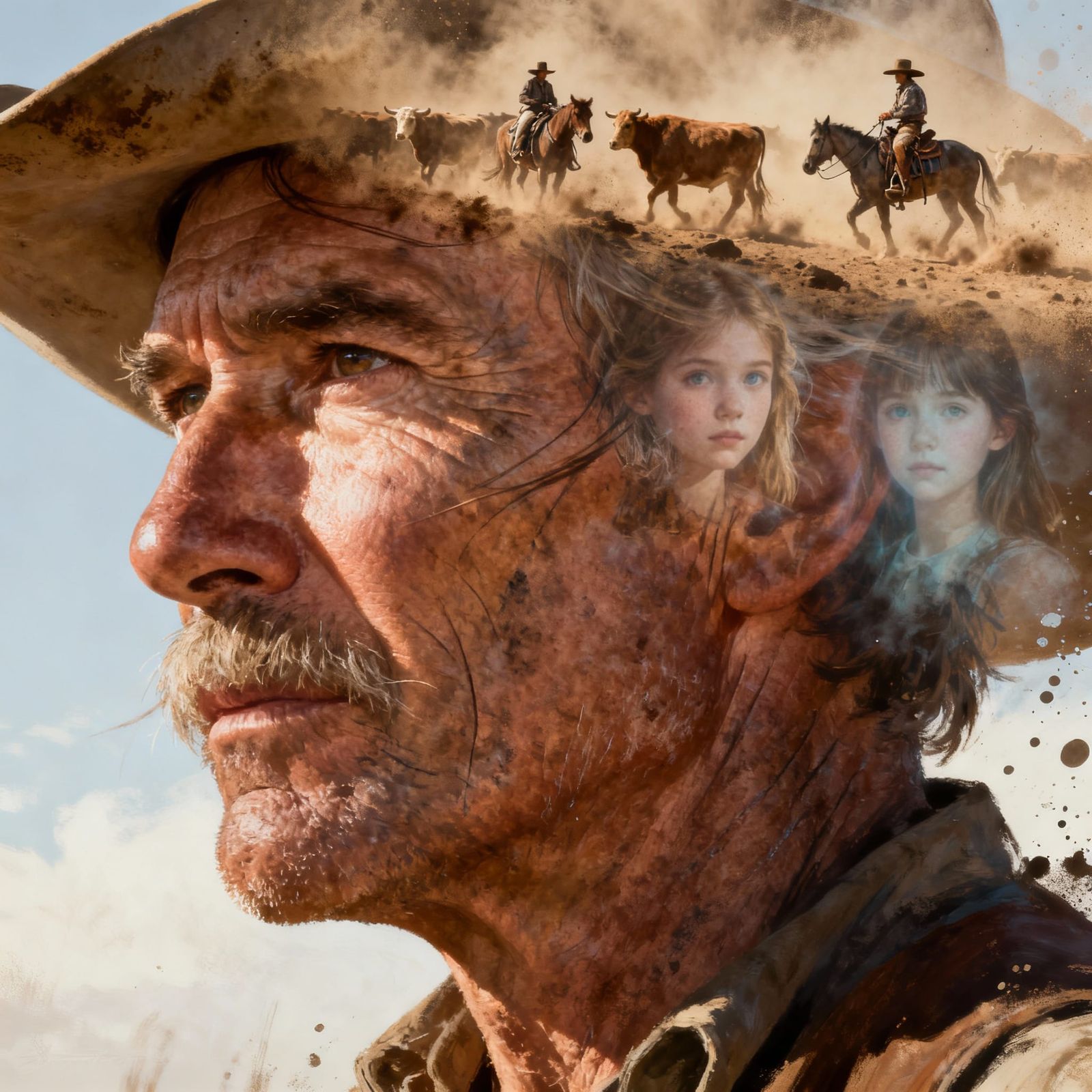 Weathered Cowboy's Face with Double Exposed Memories