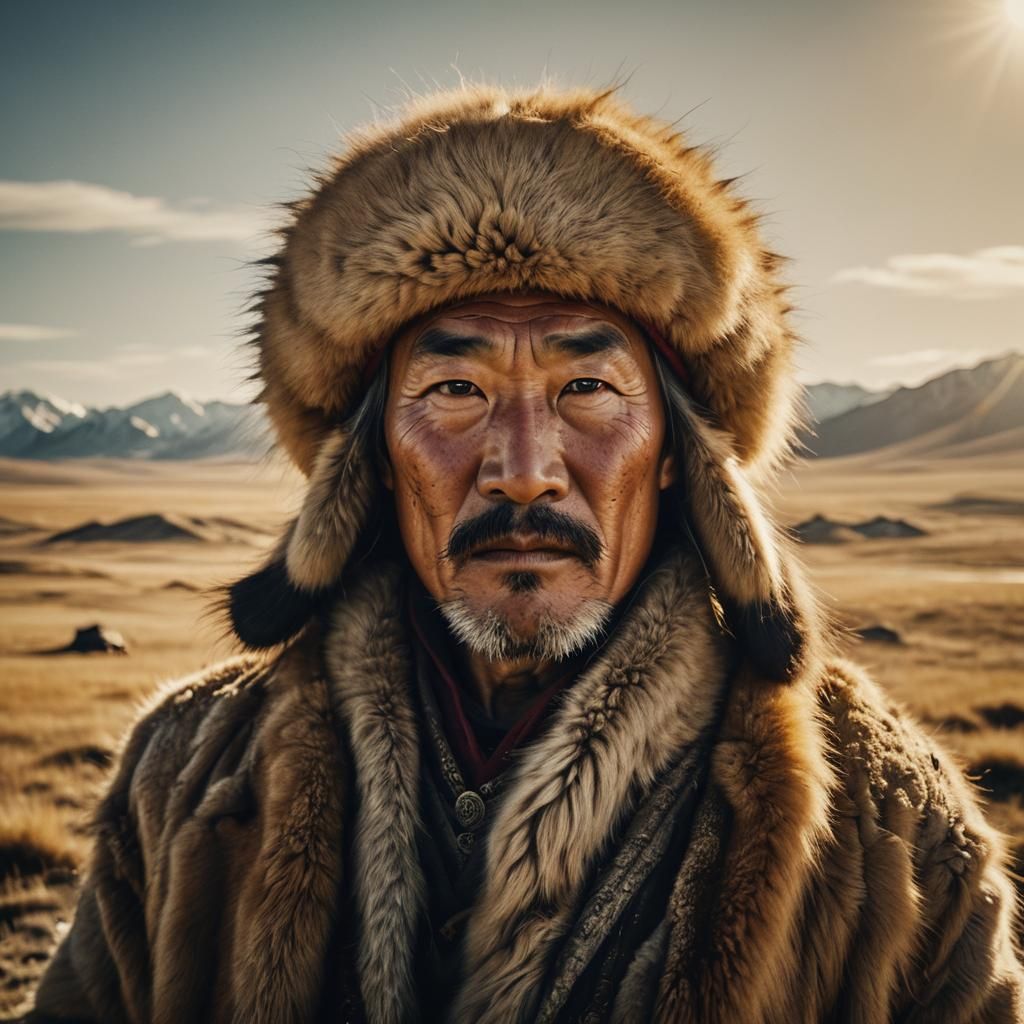 Mongolian Man in Fox Fur on the Steppe