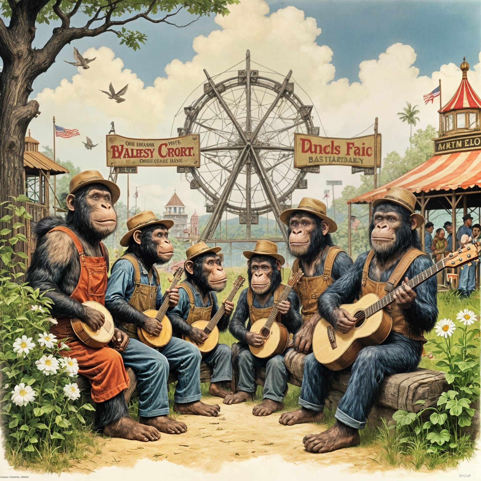 Apes Play Banjos at County Fair in Whimsical Watercolor