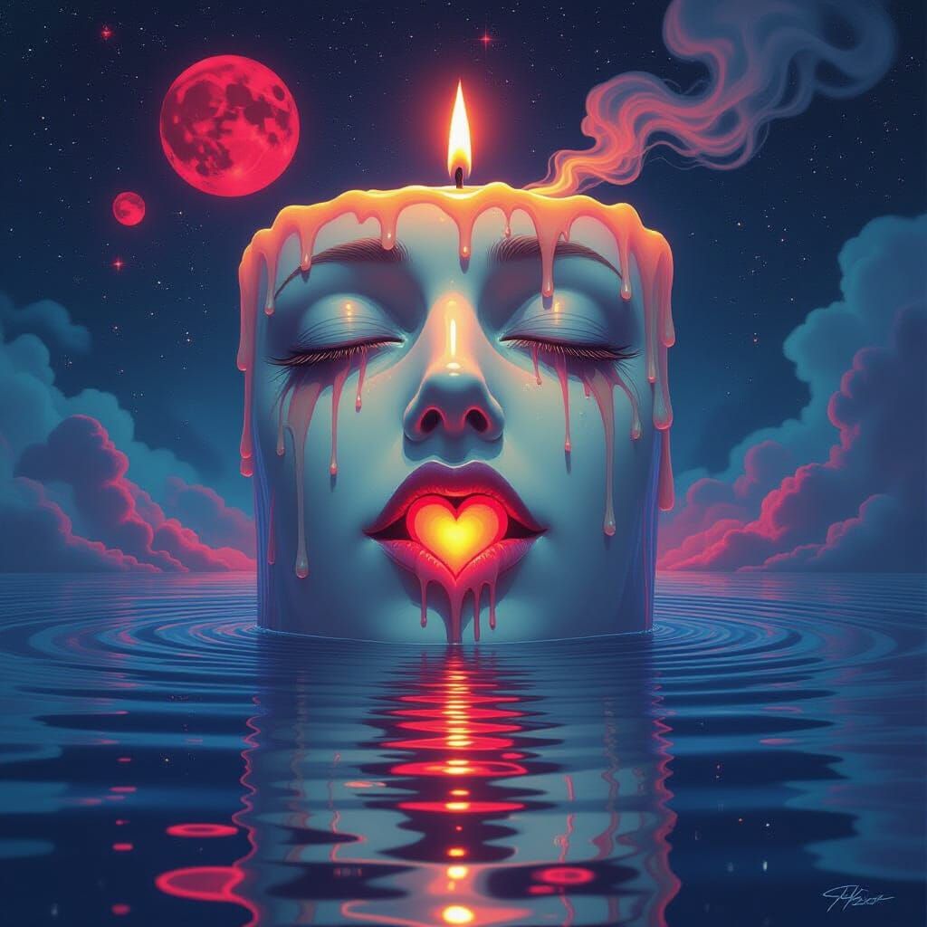 Surreal Candle Face Floats on Cosmic Waters