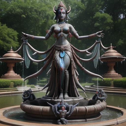 Metallic Kali Statue Near Steel Fountain