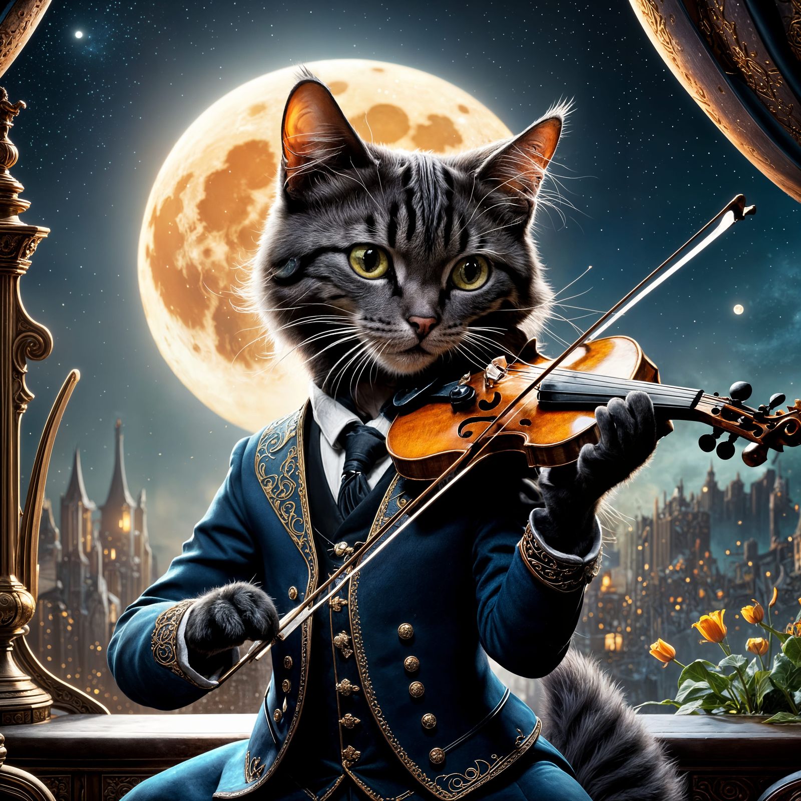 Feline Virtuoso Under Lunar Glow