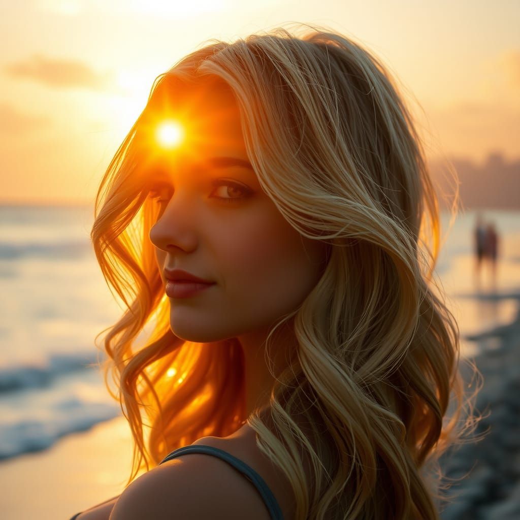 Ethereal Portrait Blending Sunset and Serene Coastal Scenery