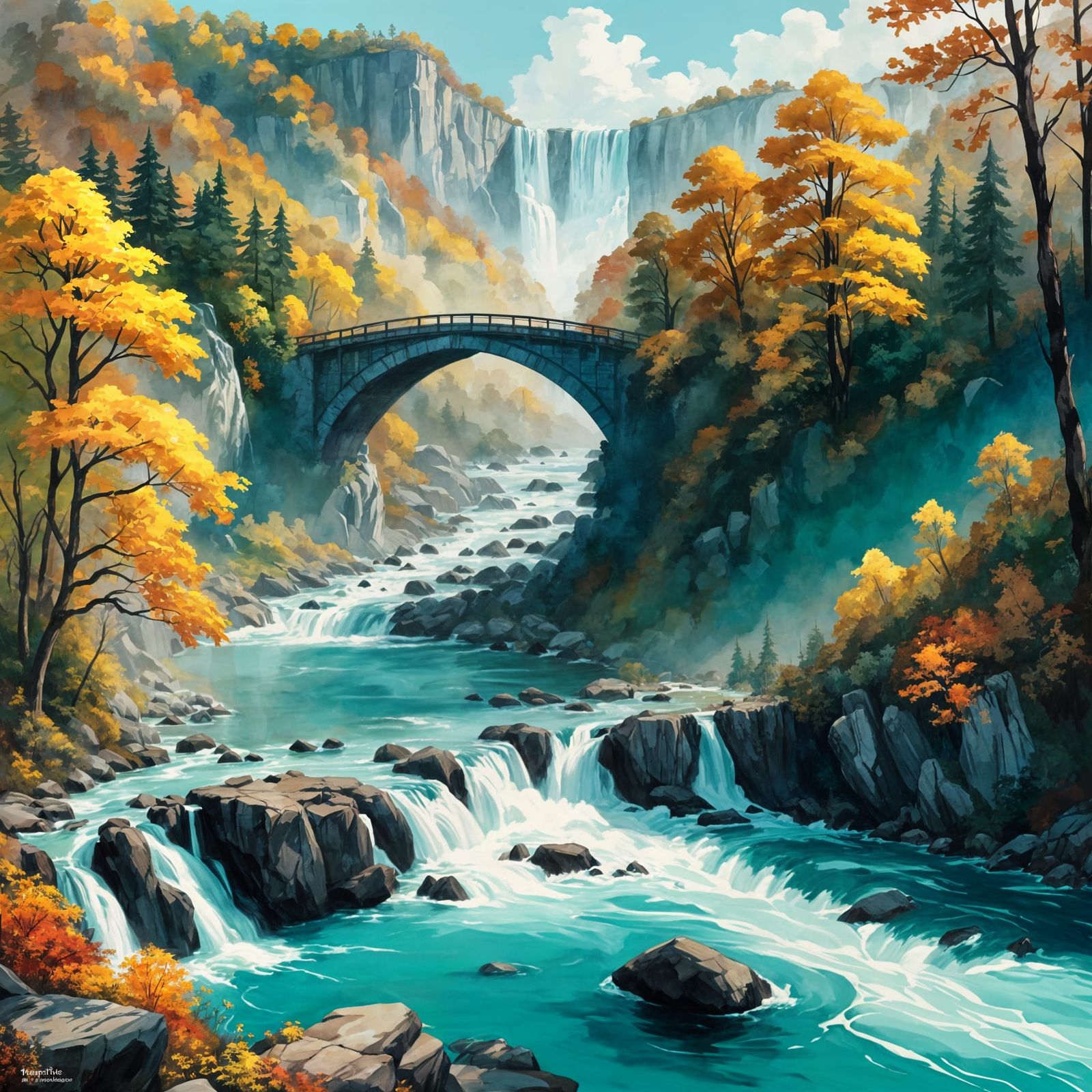 Whimsical Autumn Landscape in Vibrant Turquoise and Gold