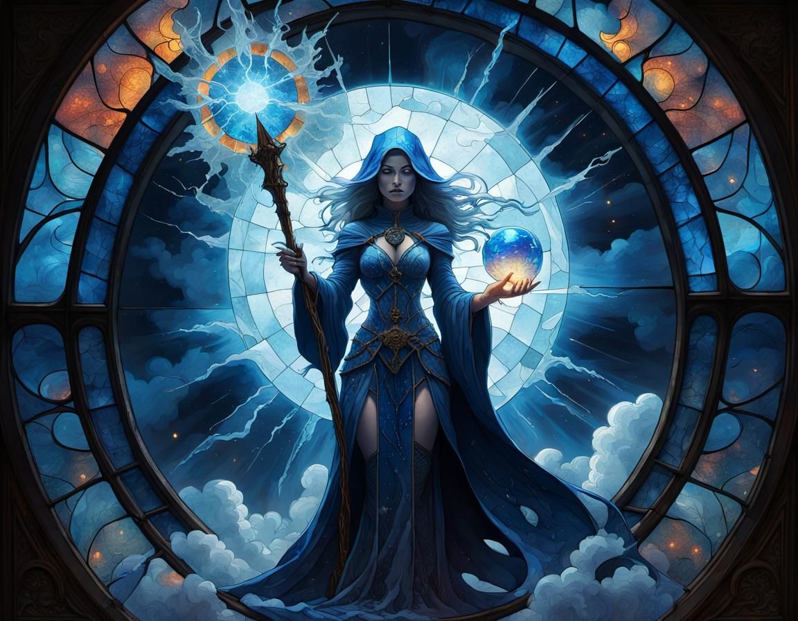 Blue Sorceress with Lightning Staff in Stained Glass