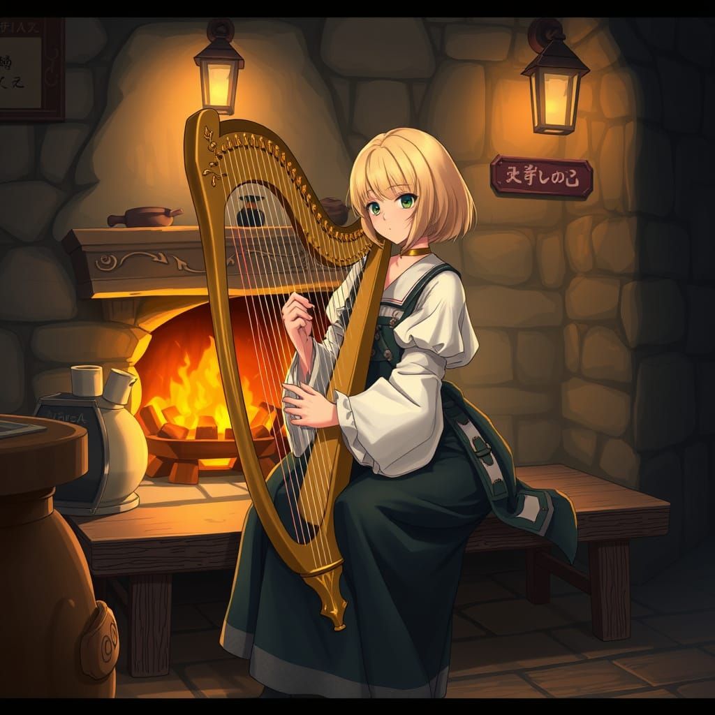 Renaissance Woman with Harp in Anime Style