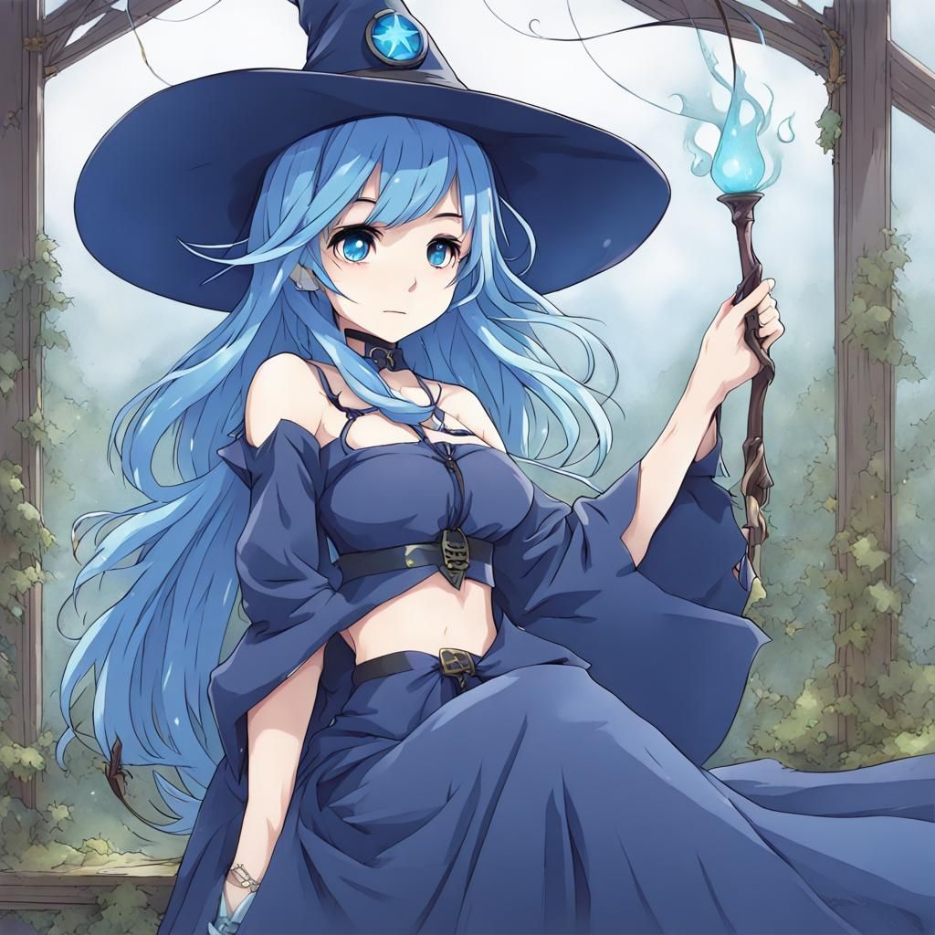Adorable Blue Witch in Anime Style