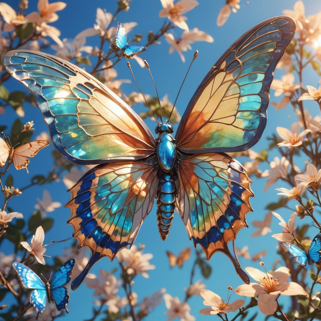 Anime Butterfly with Iridescent Wings in Blue Sky
