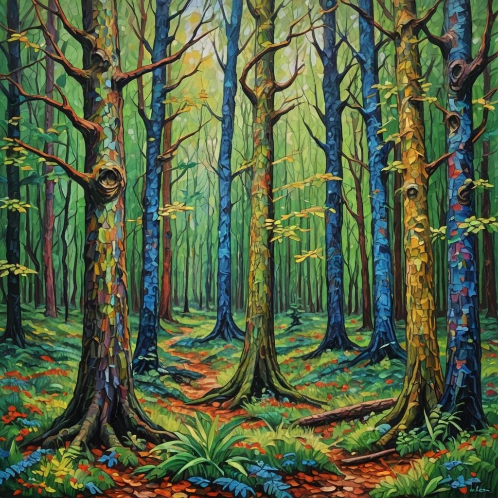 Neo-Impressionist Forest Oil Painting with Textured Paint