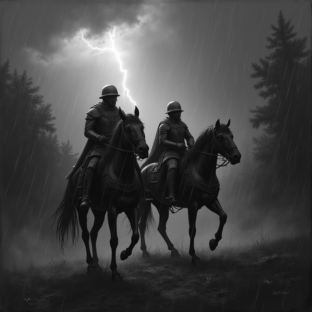 Riders in Storm: A Dark Fantasy Charcoal Drawing