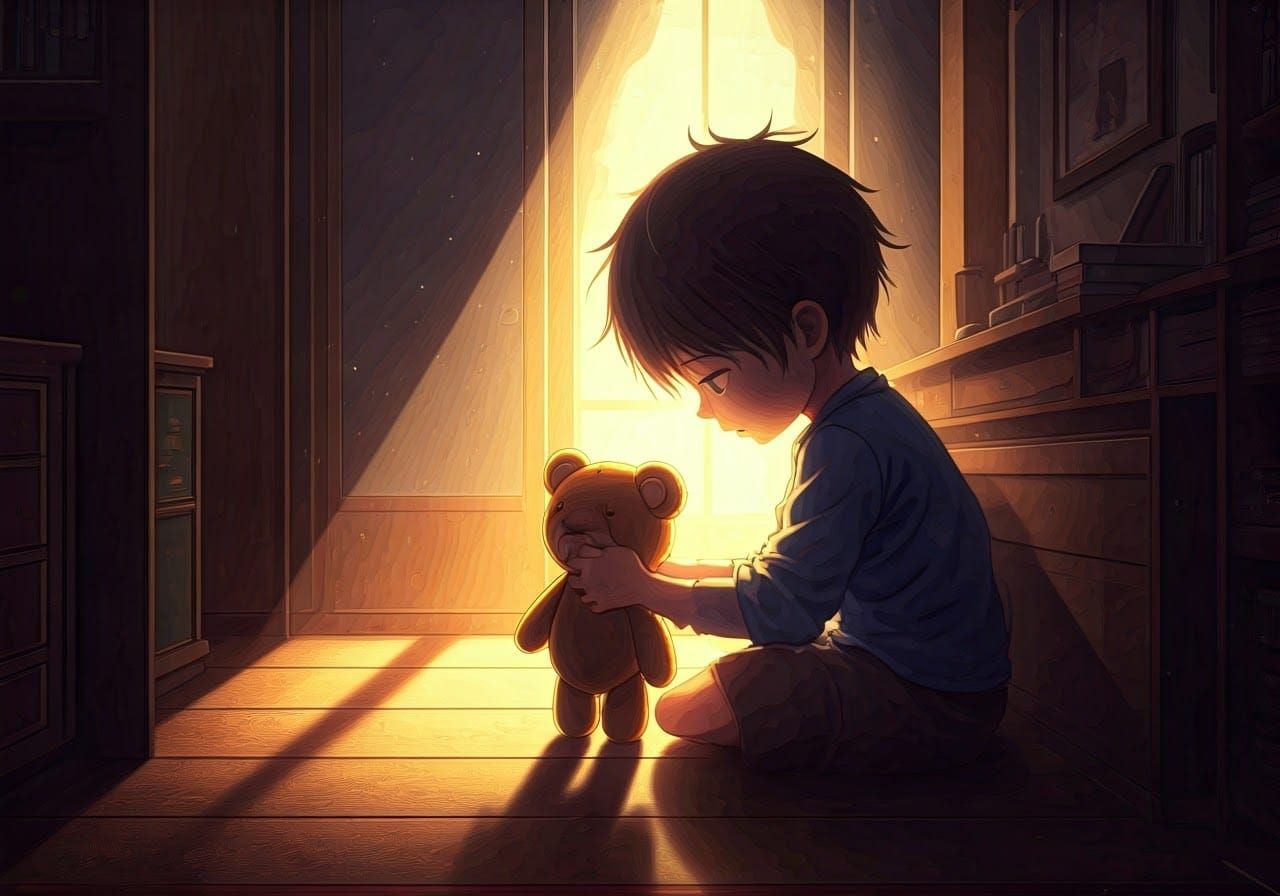 Emotional Child with Teddy Bear in Anime Style