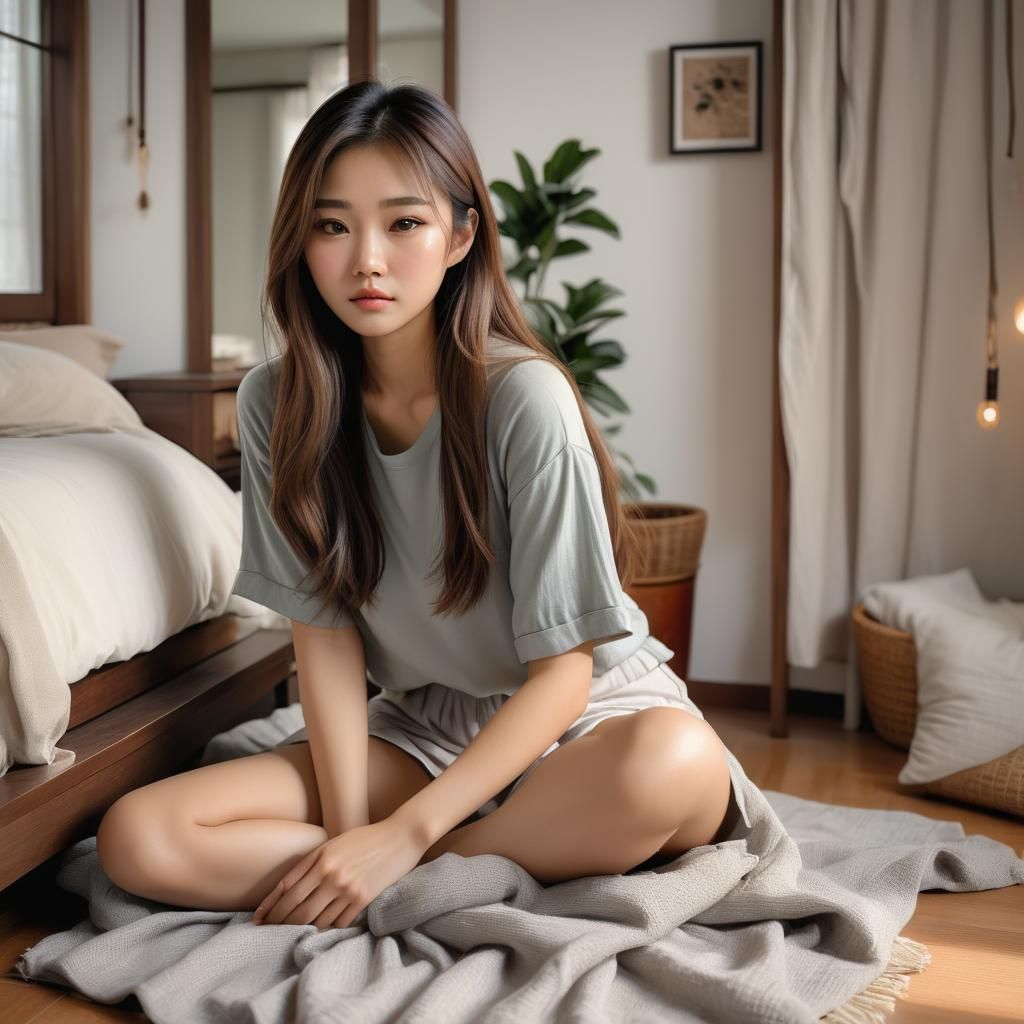 Contemplative Girl in Cozy Bedroom: Detailed Matte Painting