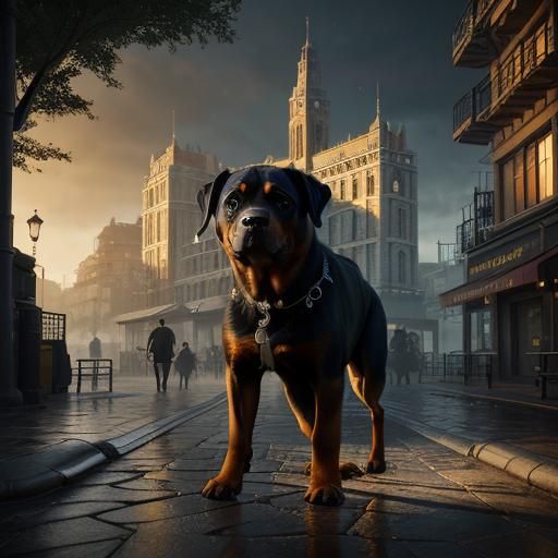 Rottweiler Walks Man at Dawn: Fantasy Concept Art